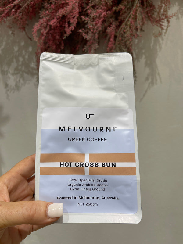 MELVOURNI ORGANIC CLASSIC GREEK COFFEE - HOT CROSS BUN FLAVOUR (Limited Edition)250GM
