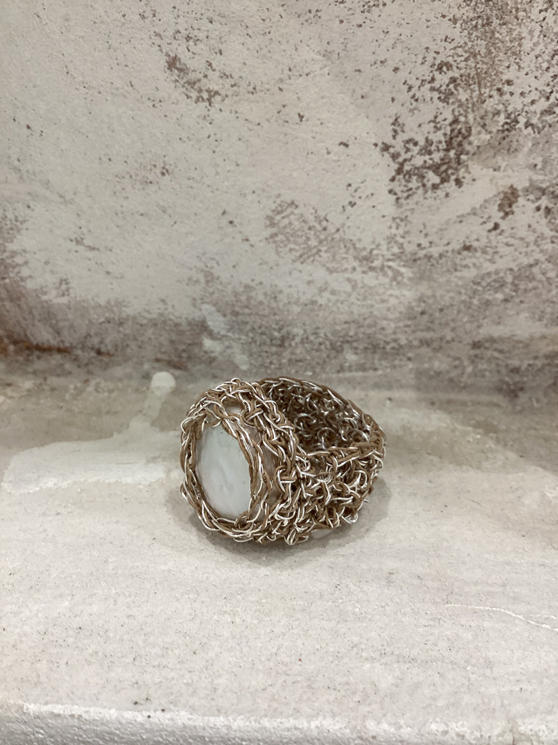 Greek Pearl Silver Crochet Ring by Hara Karamichali