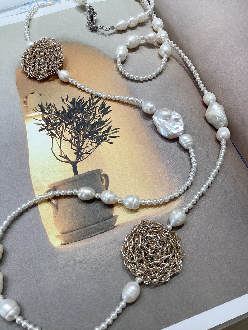 Greek Pearl Silver Crochet Necklace by Hara Karamichali