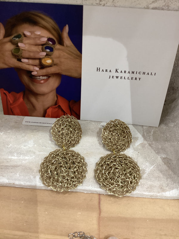 Hand crochet Gold Double Disc Earrings by Hara Karamichali