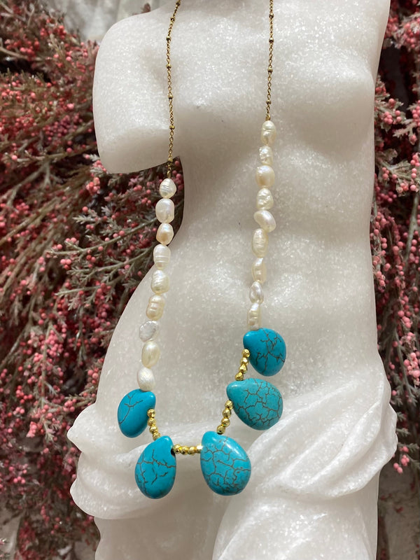 ΙΩΣΗΦΙΝΑ designer necklace - Sterling Silver, 18 Karat Gold Plated, Fresh Water Pearl And Turquoise