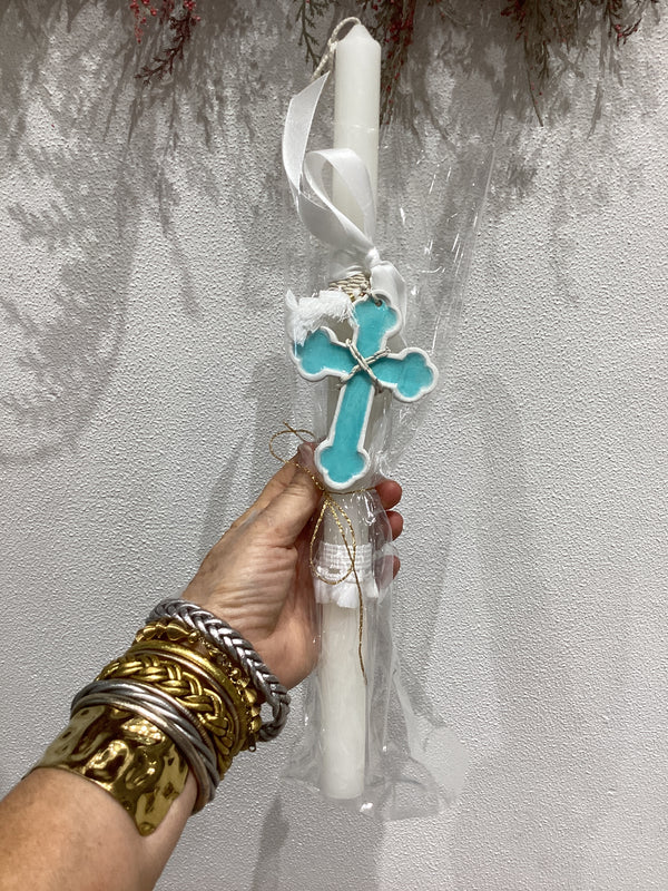 Greek Easter Lambatha Candle with acqua ceramic Cross