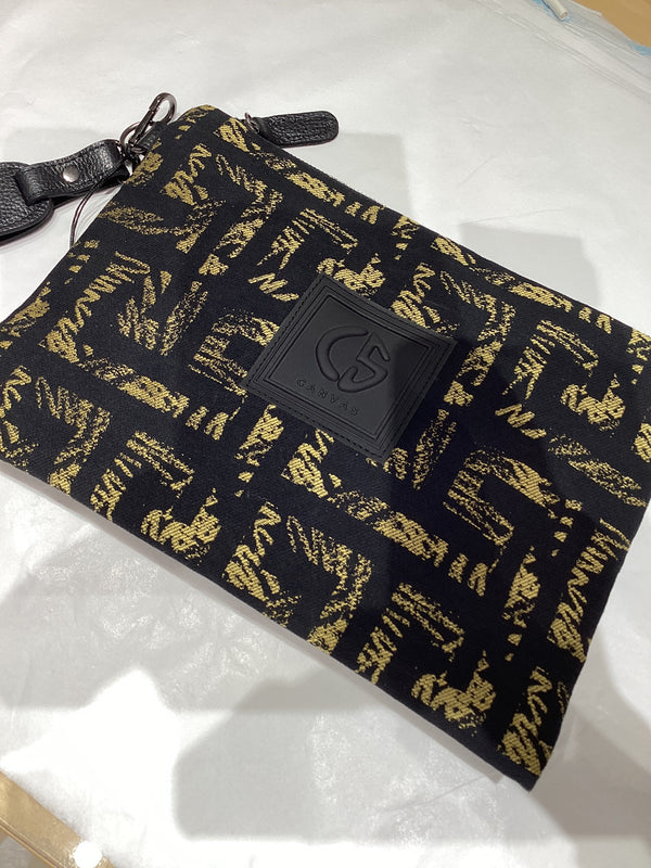 Amelia #8 Greek Key cotton and Leather Clutch Black and Gold