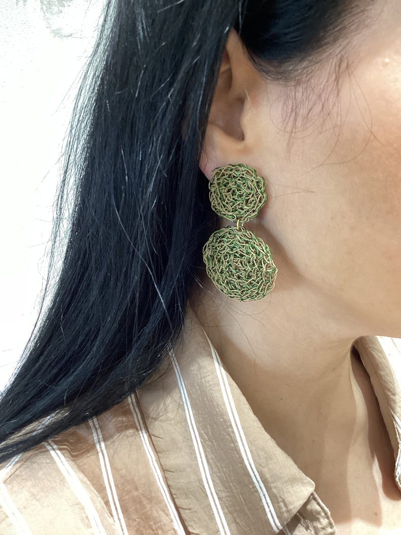 Hand crochet Green Double Disc Earrings by Hara Karamichali