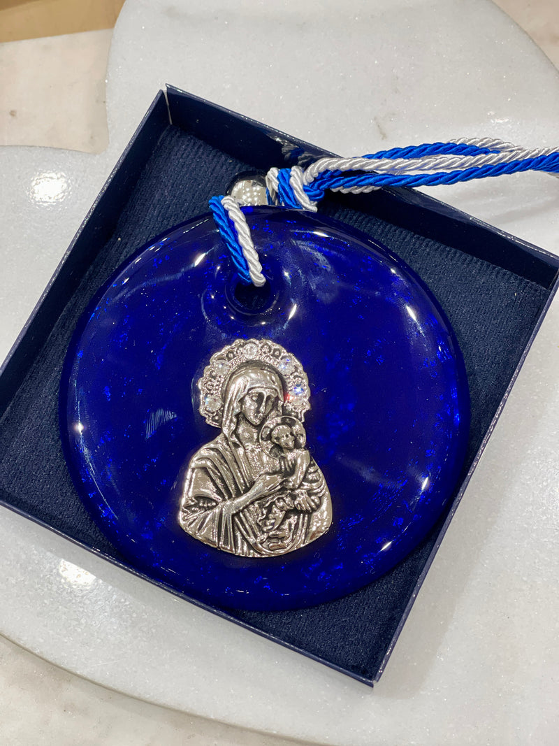 Large round blue Glass icon with Mary and Jesus