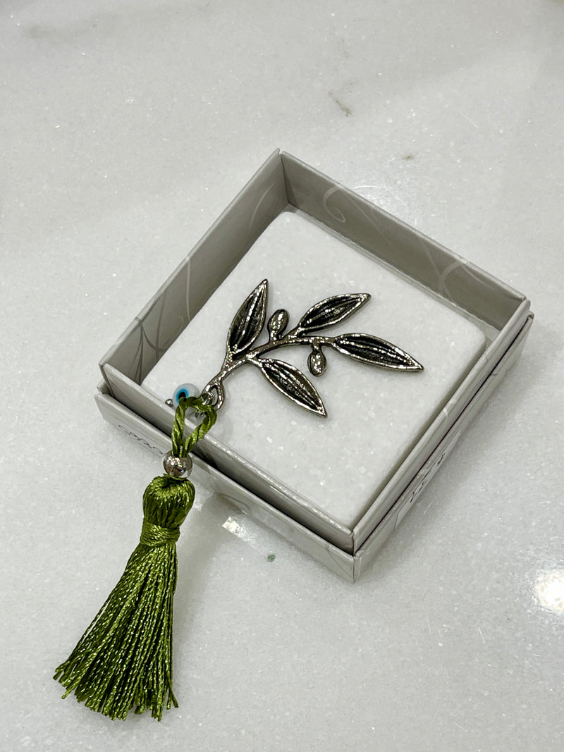 Small Silver  Olive Branch on Greek Marble - Paperweight (Good Luck Charm)