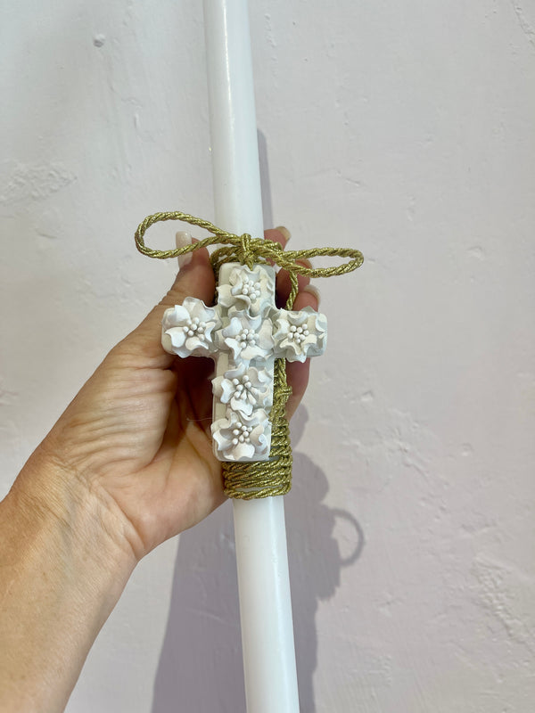 Greek Easter Lambatha Candle with hand made white floral cross