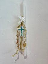 Greek Easter Lambatha Candle with white cross and turquiose stones