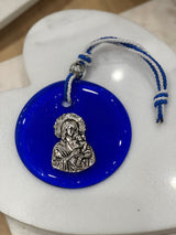 Large round blue Glass icon with Mary and Jesus