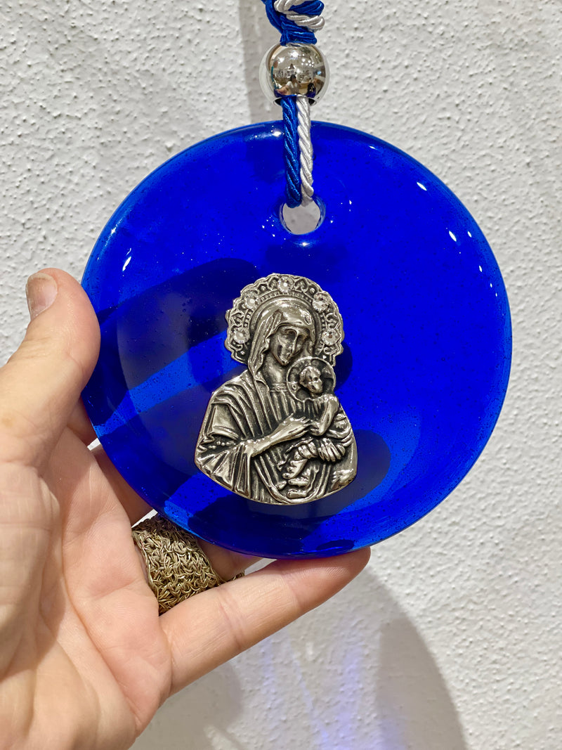 Large round blue Glass icon with Mary and Jesus