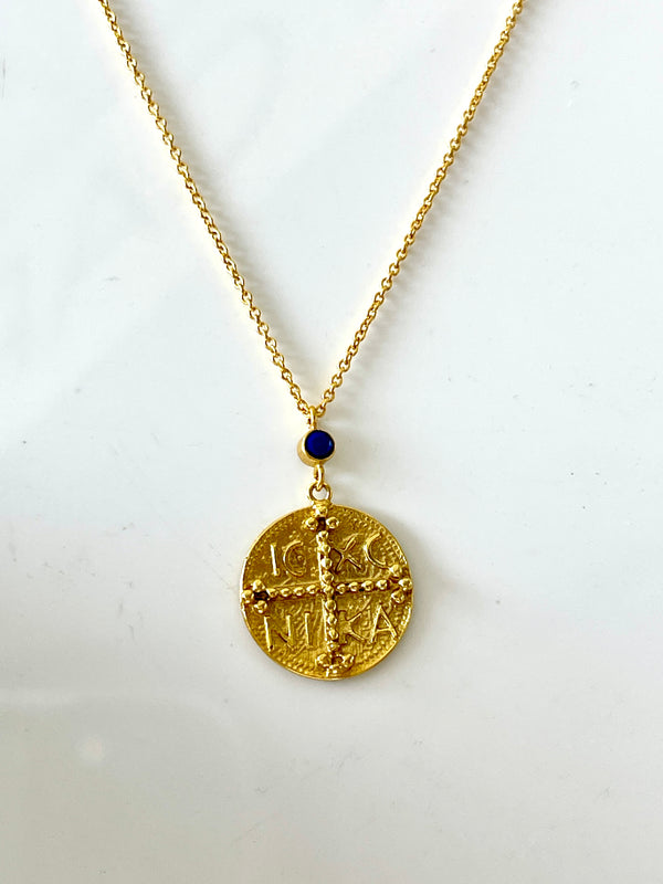 Greek ICXC NIKA Gold Necklace- Blue stone
