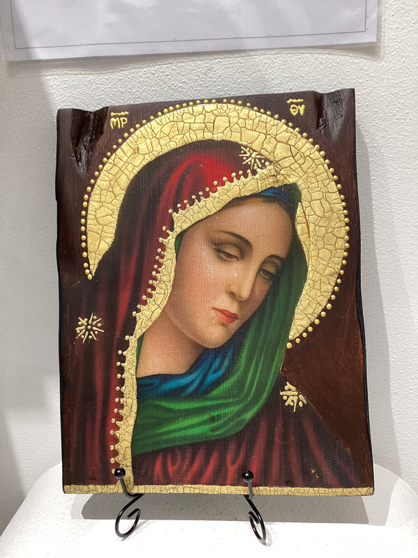Beautiful Large Wooden Icon of Panagia with Gold finishes