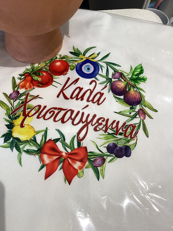 Greek Cotton Christmas Tea towel - Fruit Adorned Wreath