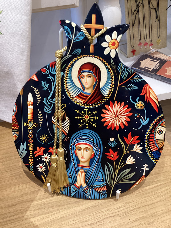 Pomegranate Ceramic Religious Decor - Panagia, Floral & Greek Symbols