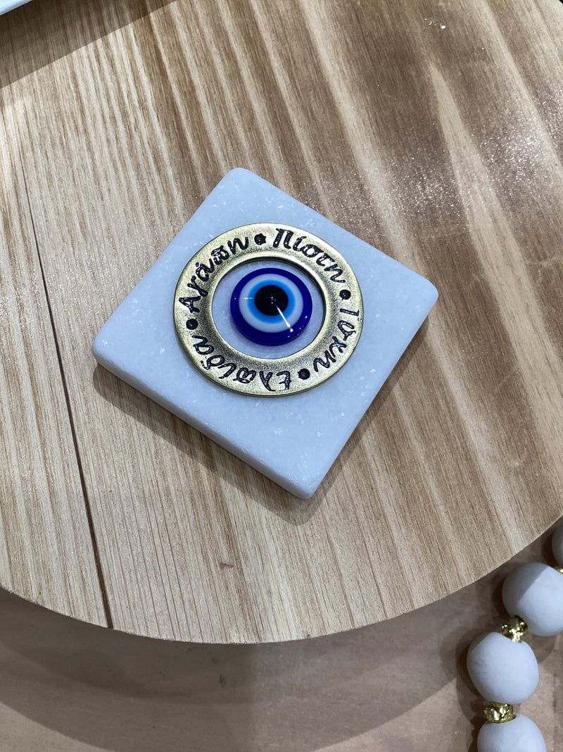 Greek Marble Paper weight with Blue Mati (Good Luck Charm)