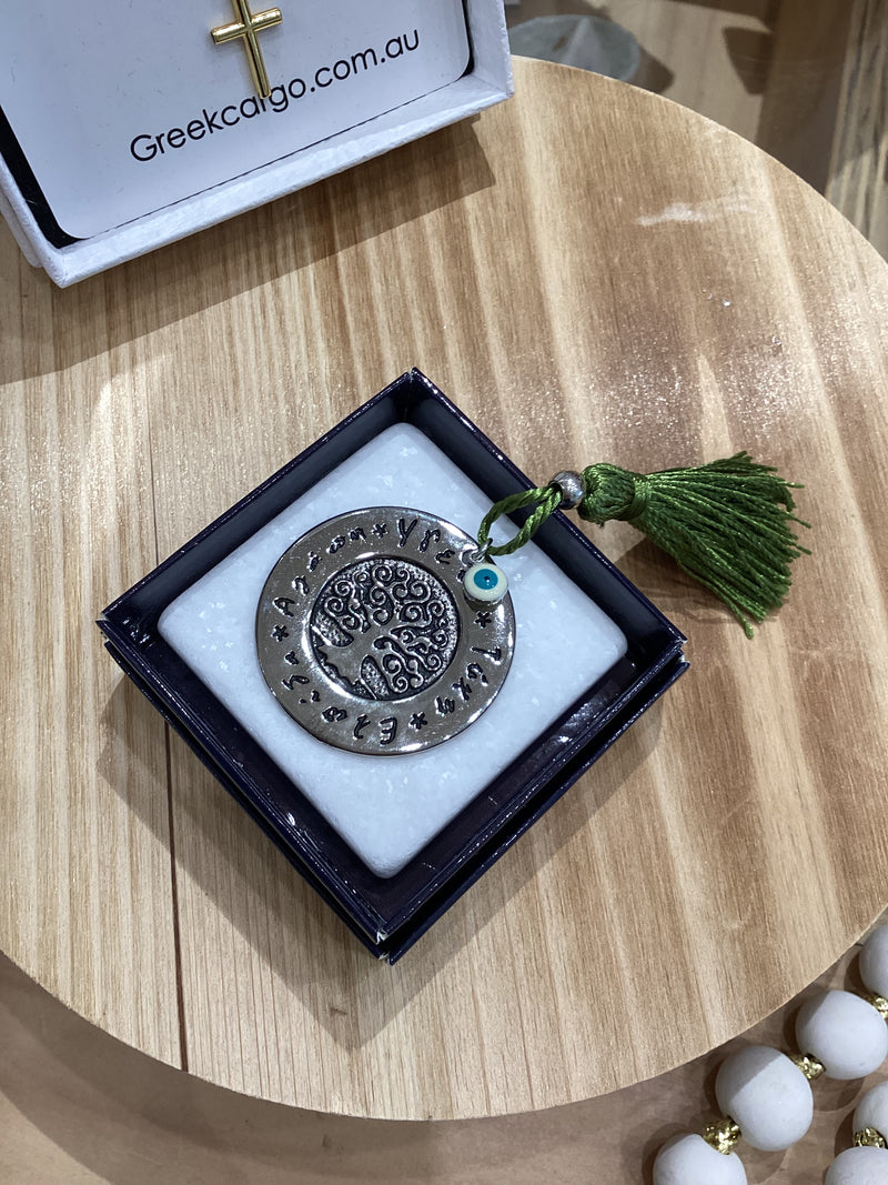 Greek Marble Paperweight with Silver Tree of Life (Good Luck Charm)