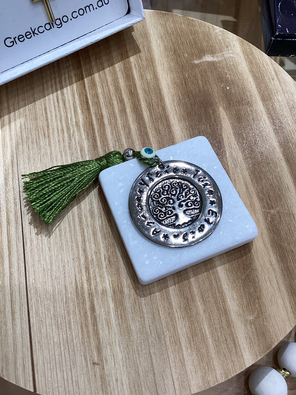 Greek Marble Paperweight with Silver Tree of Life (Good Luck Charm)