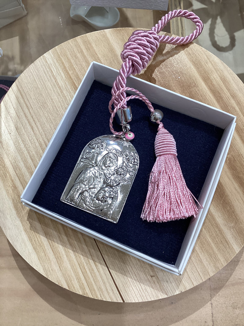 Silver Icon - Panagia holding Baby Jesus with Pink Tassel Cord