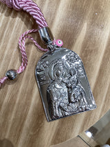 Silver Icon - Panagia holding Baby Jesus with Pink Tassel Cord