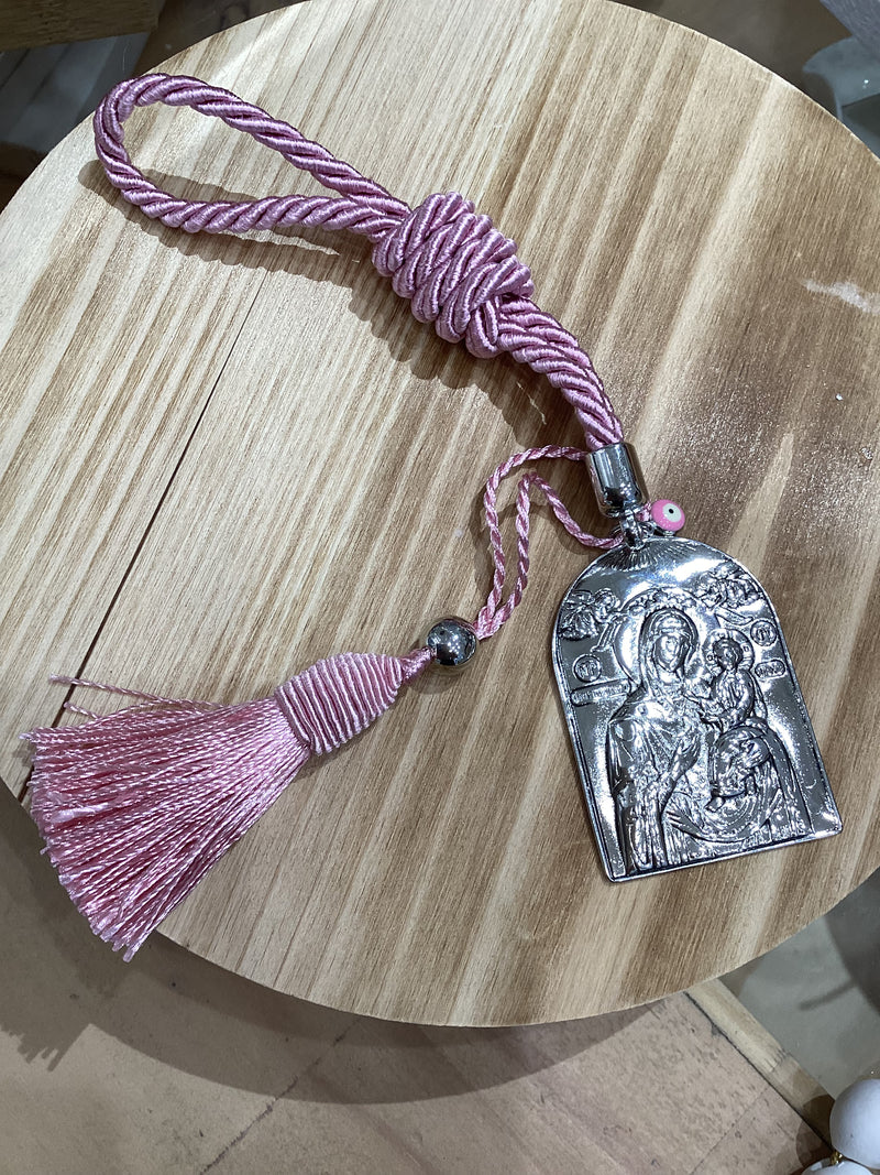 Silver Icon - Panagia holding Baby Jesus with Pink Tassel Cord