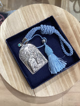 Silver Icon - Panagia holding Baby Jesus with Blue Tassel Cord