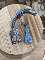 Silver Icon - Panagia holding Baby Jesus with Blue Tassel Cord