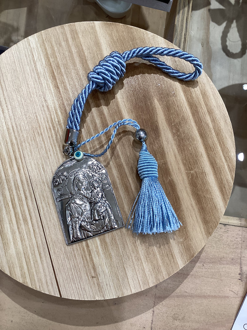 Silver Icon - Panagia holding Baby Jesus with Blue Tassel Cord