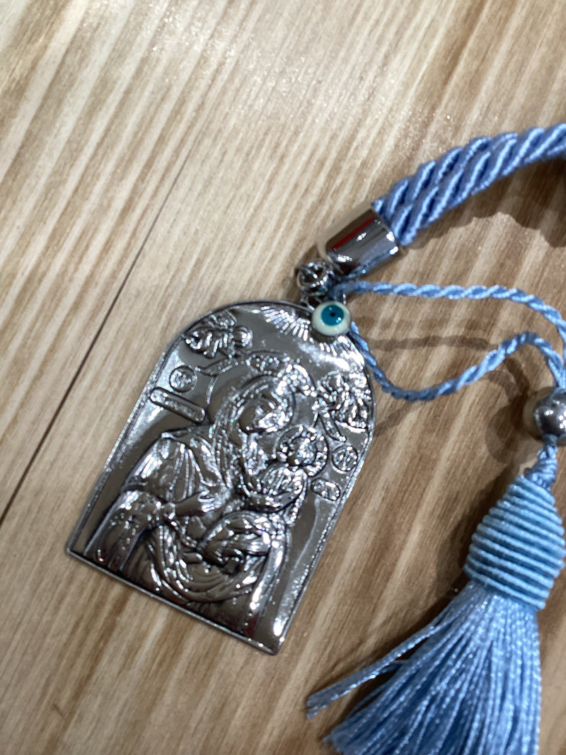 Silver Icon - Panagia holding Baby Jesus with Blue Tassel Cord