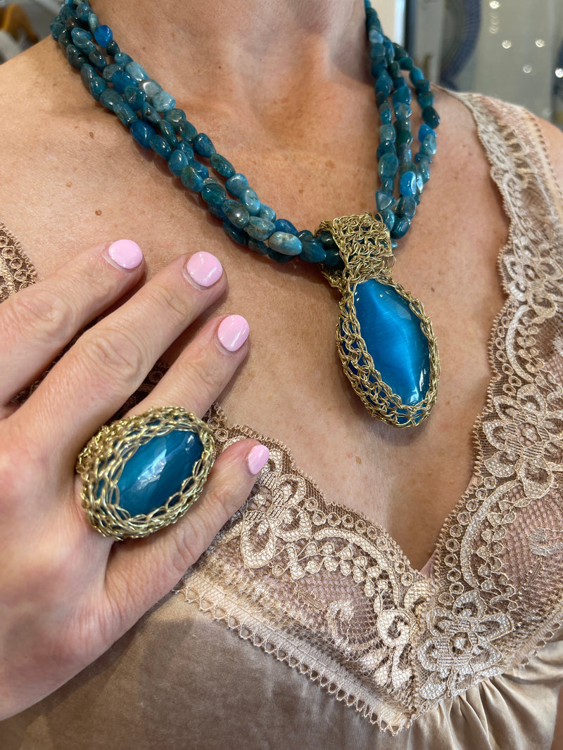 Designer Greek Gold Wire Crochet & Blue Jade Necklace - Hara Karamichali
