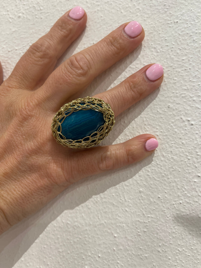 Designer Greek Gold Wire Crochet & Blue Jade Ring - Hara Karamichali