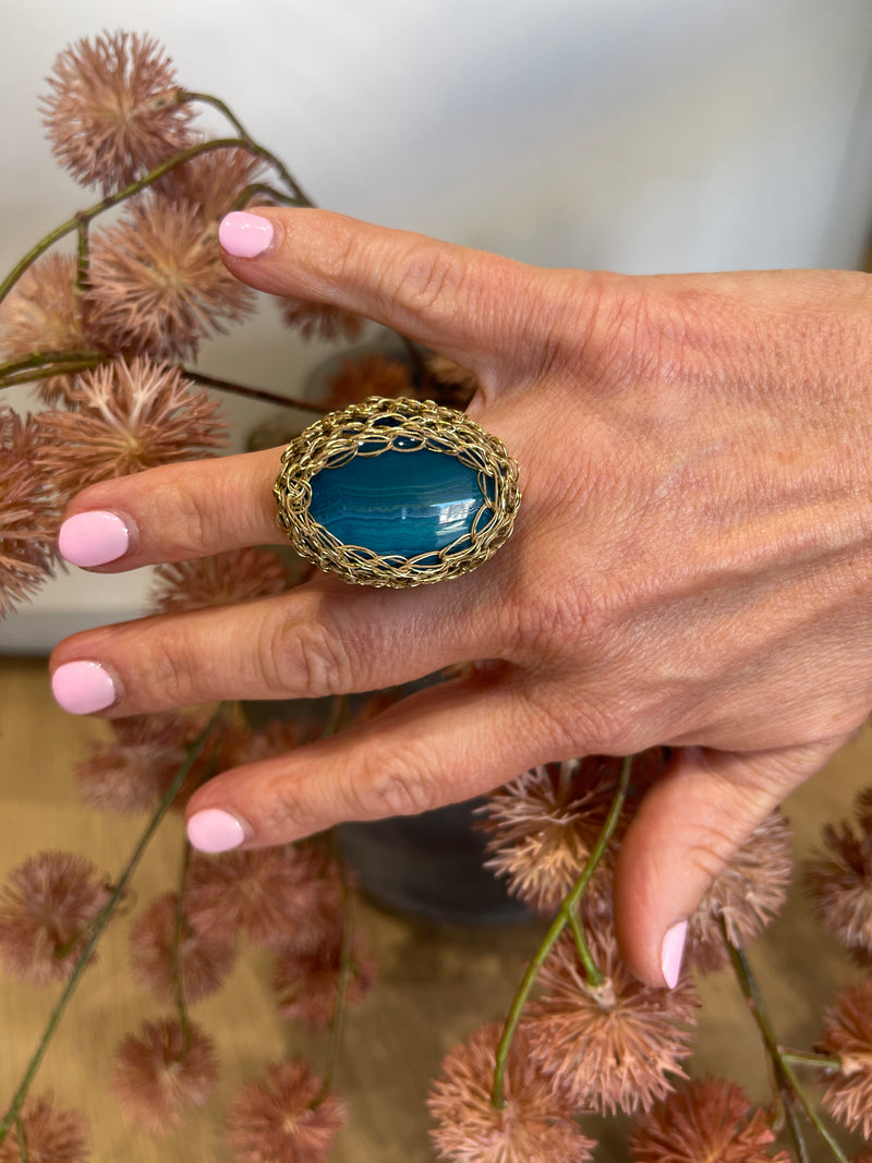 Designer Greek Gold Wire Crochet & Blue Jade Ring - Hara Karamichali