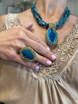 Designer Greek Gold Wire Crochet & Blue Jade Necklace - Hara Karamichali