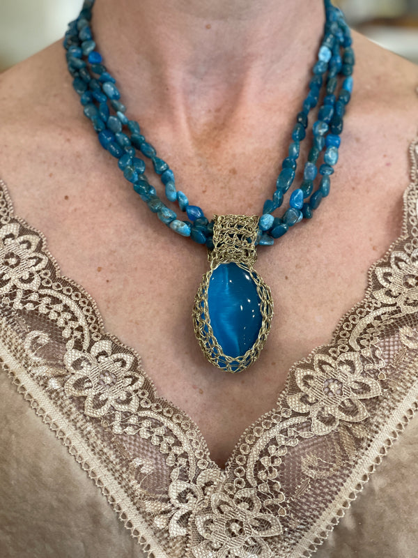 Designer Greek Gold Wire Crochet & Blue Jade Necklace - Hara Karamichali