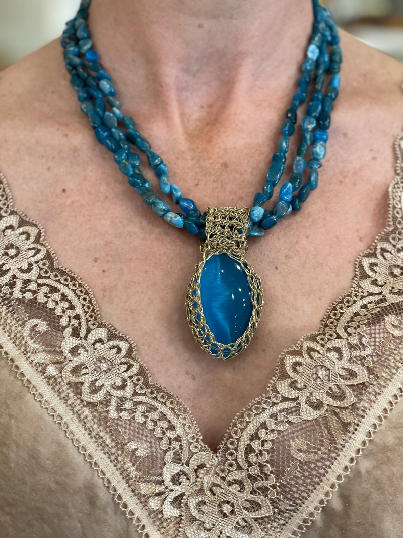 Designer Greek Gold Wire Crochet & Blue Jade Necklace - Hara Karamichali