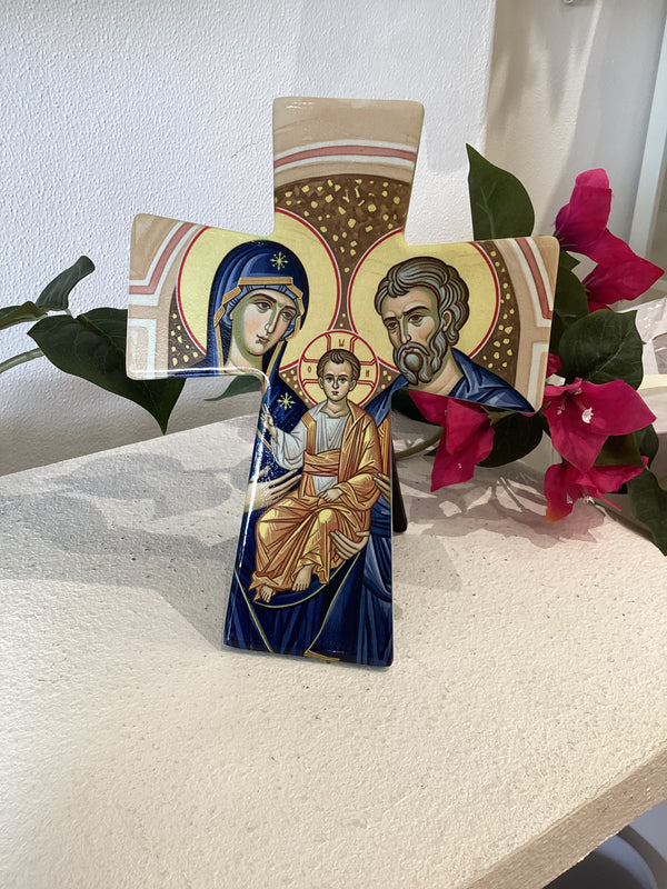 Ceramic Standing Cross - Mother Mary (Panagia), Joseph & Baby Jesus