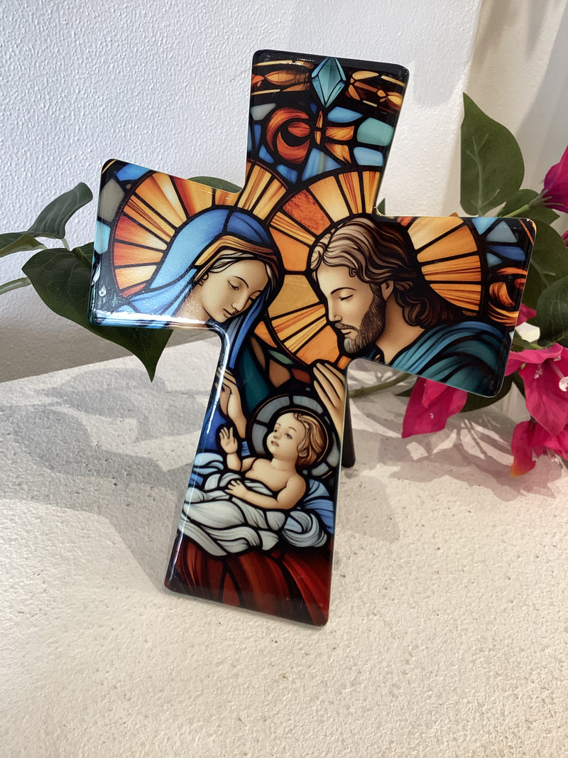 Ceramic Standing Cross - Mother Mary (Panagia), Joseph & Baby Jesus