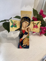 Ceramic Standing Cross - Mother Mary (Panagia), Baby Jesus, Angels