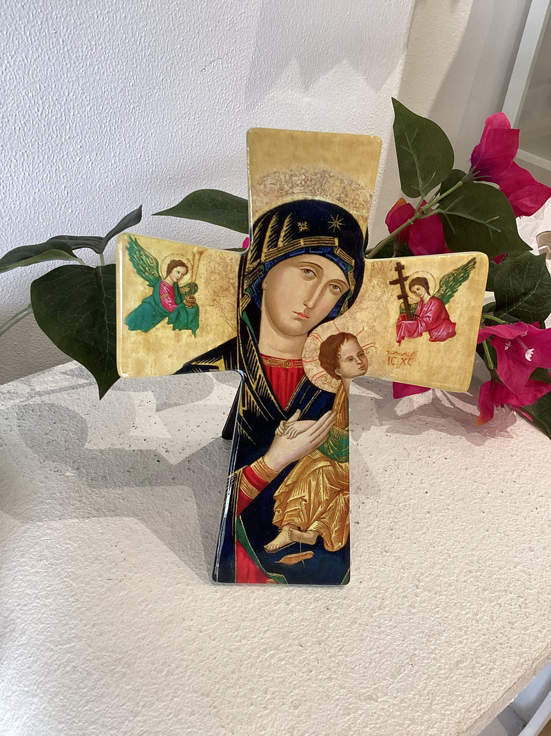 Ceramic Standing Cross - Mother Mary (Panagia), Baby Jesus, Angels