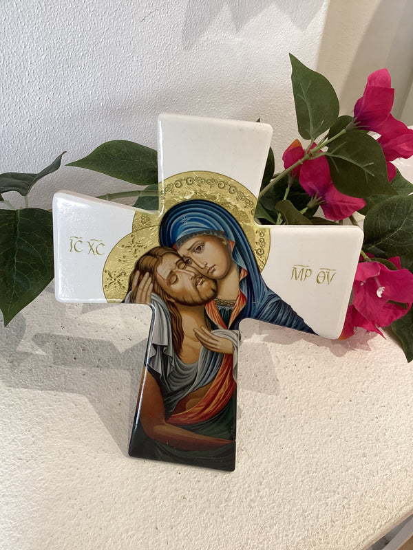 Ceramic Standing Cross - Mother Mary (Panagia) & Jesus