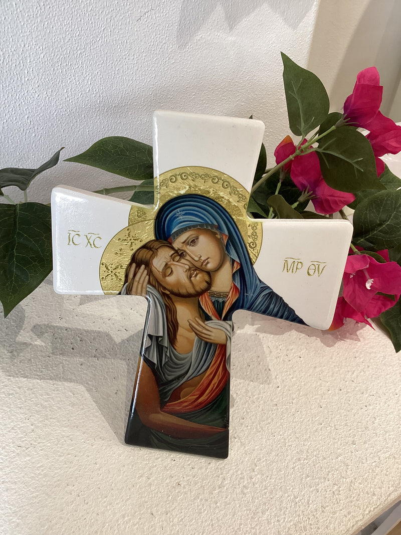 Ceramic Standing Cross - Mother Mary (Panagia) & Jesus