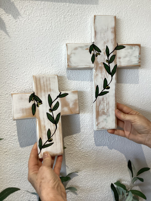 Timber Cross Plaque with Painted Olive Branch