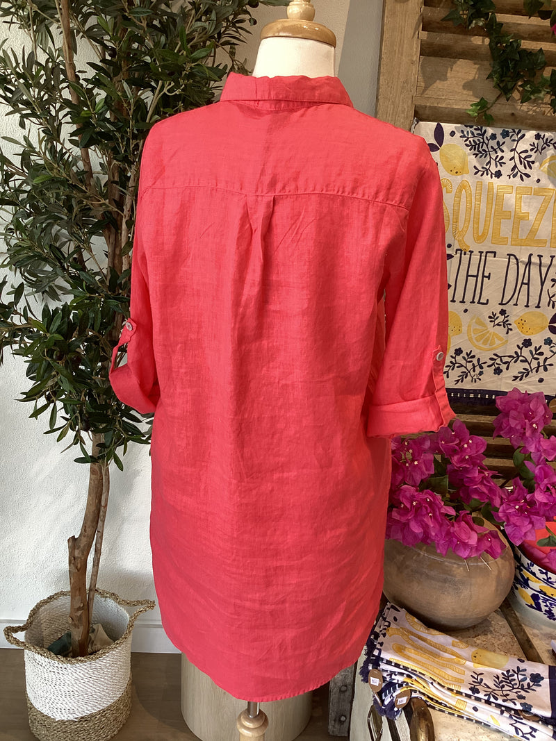 Amalia Linen Shirt Dress - Coral