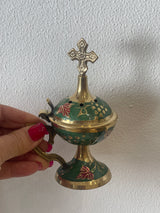 Thimiato - Small Brass Orthodox Green Enamel