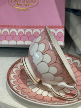 Teacup & Saucer - Scallop Pink & White Design