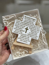 ENGLISH LORD’S PRAYER - SMALL CERAMIC CROSS WITH STAND GOLD WRITING