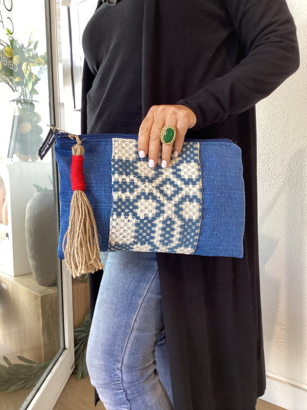 Handmade fabric clutch/pouch - Jean Blue