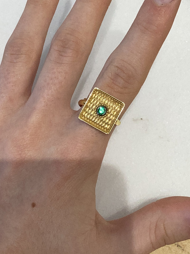 Gold Square Byzantine ring with Coloured Zircon