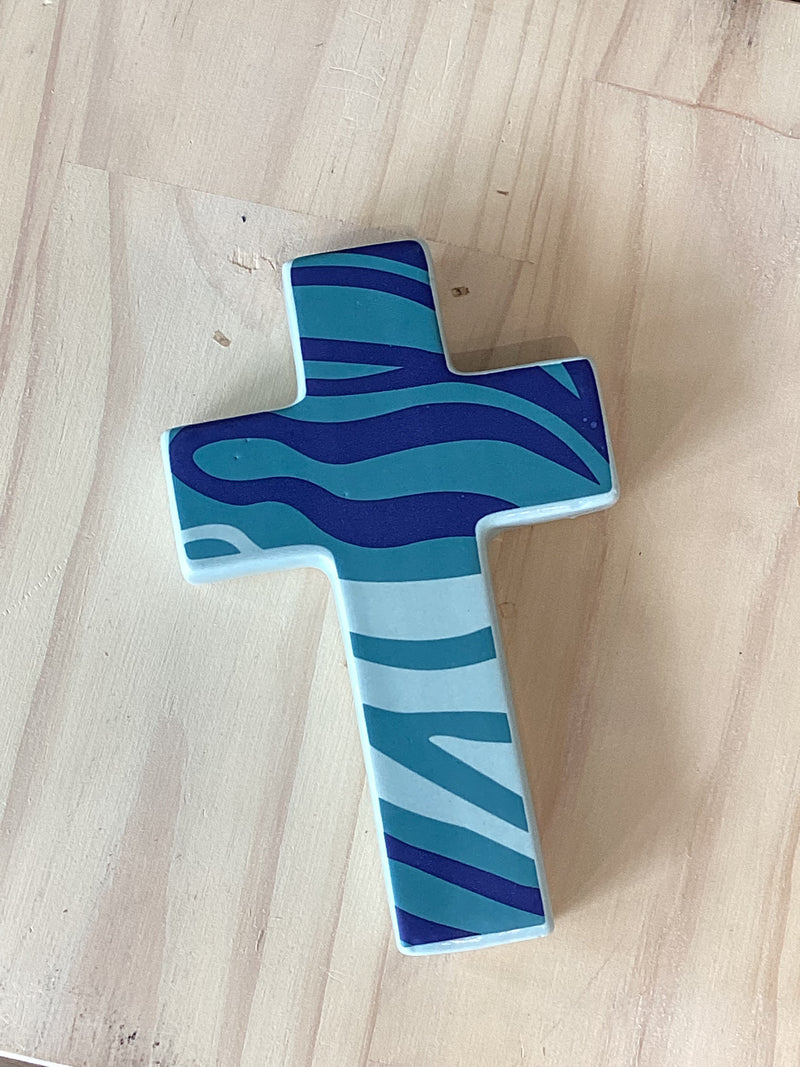 Purple and turquoise zebra printed cross