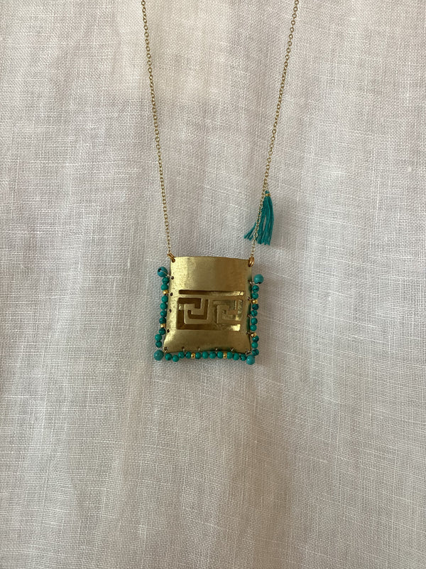 Greek Key Gold Tagari necklace - Turquoise