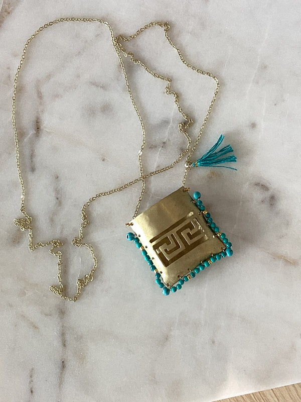 Greek Key Gold Tagari necklace - Turquoise